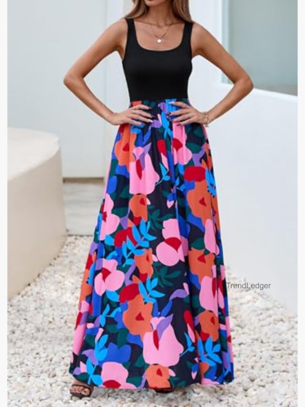 Boho Floral Maxi Dress Sleeveless Scoop Neck A-Line Flowy Summer Sundress with - Picture 4 of 7